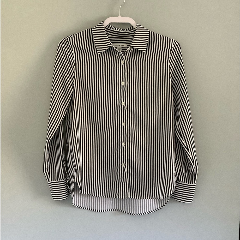 Pure Navy Black White Striped Button Front Blouse Size M Classic Collared Shirt